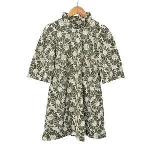 Buru Mod Mini Dress with Bell Sleeves Size XS Green White Embroidered